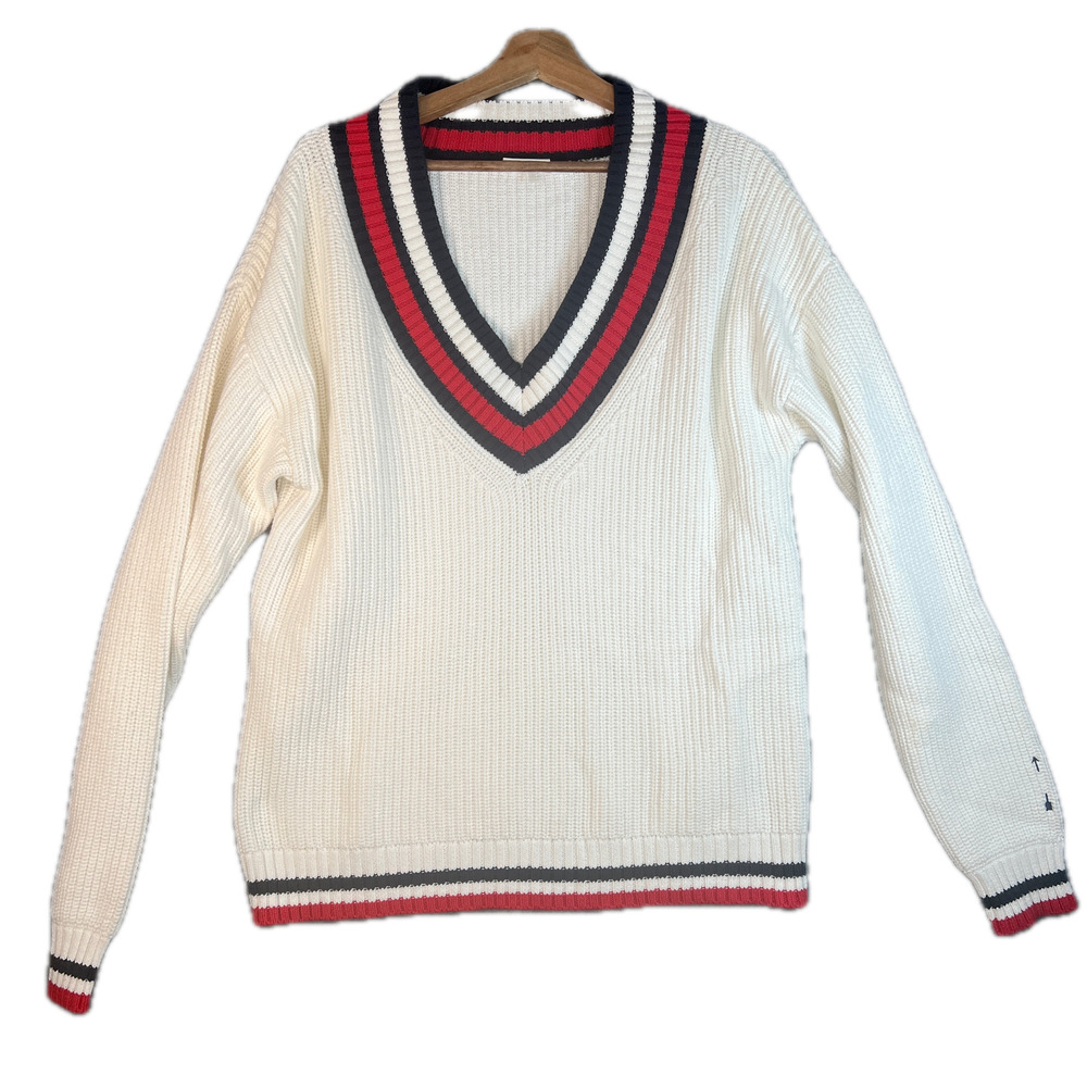 The Upside Mens V Neck Sweater Cream Red Blue Stripe Ribbed Preppy Layer Size M